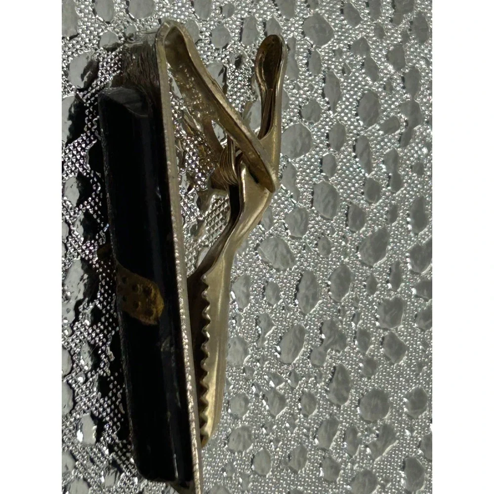 Vintage Gold Tone Tie‎ Clip Black Inlay Diagonal Gold Band Detail Mens Accessory